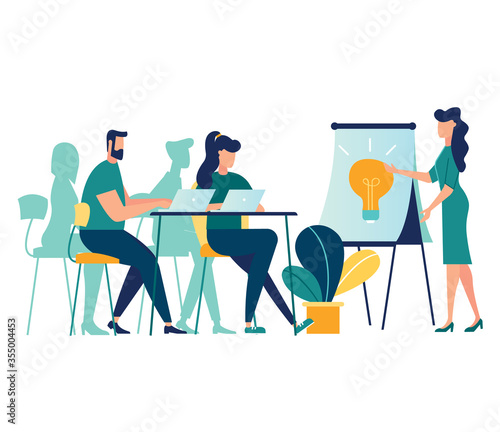 vector illustration. meetings business training, design composition market analysis creative solution. professional development of employees 