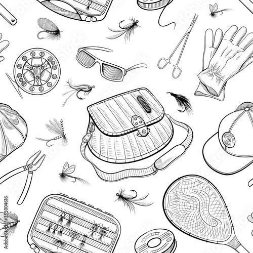 Fishing seamless pattern. Fly fishing lures and gears sketch style outline vector illustration