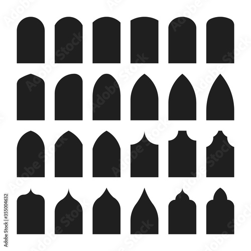 Architectural type of arches shapes and forms. Traditional western and Islamic culture design. Arch, door and window design big collection. Vector silhouette isolated on white background