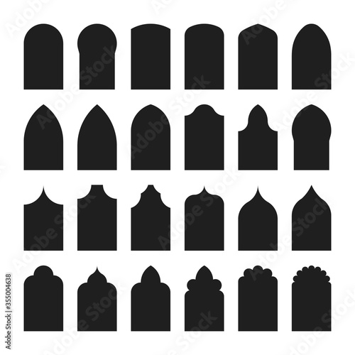 Architectural type of arches shapes and forms. Traditional western and Islamic culture design. Arch, door and window design big collection. Vector silhouette isolated on white background