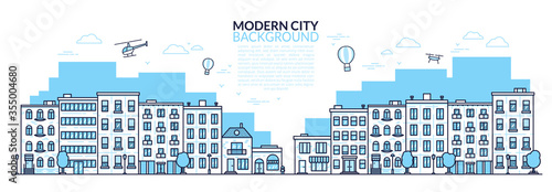 Modern city background template for your design.  Cityscape with residential houses and shops. Thin line art style monochrome vector illustration isolated on white background