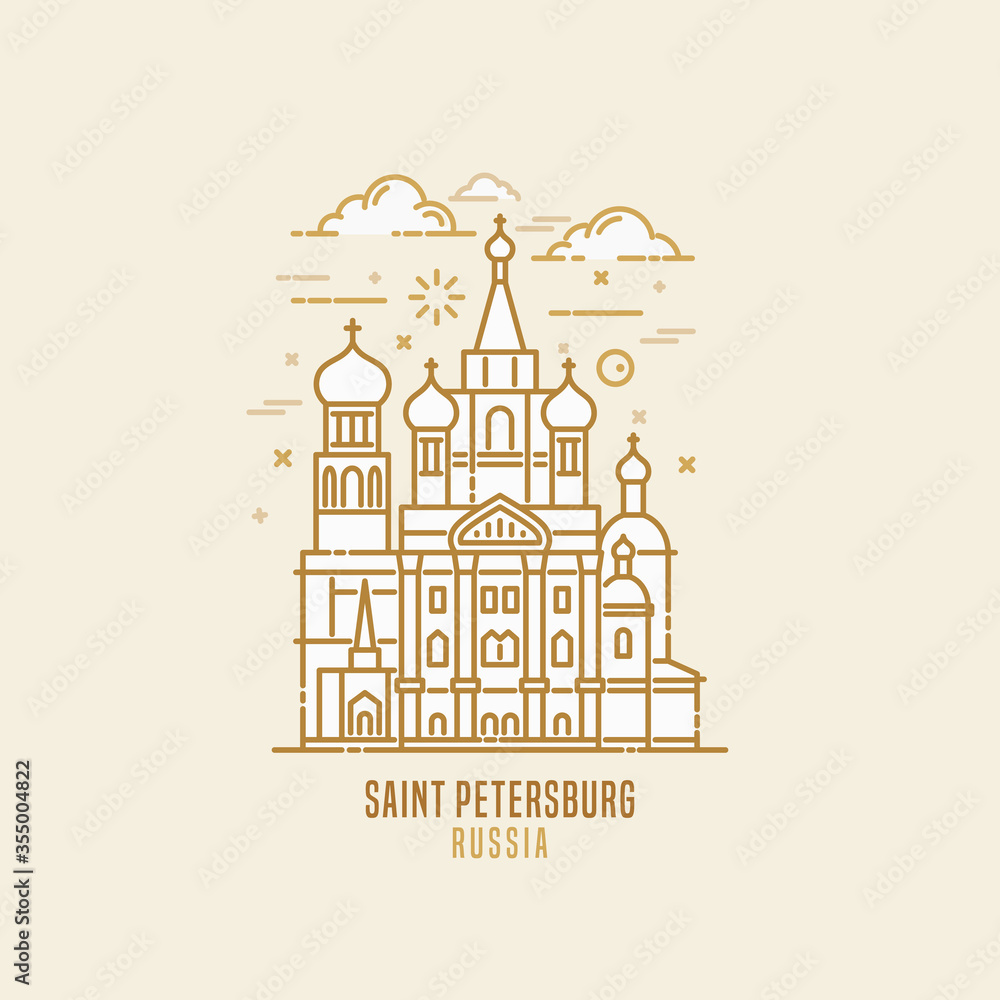Church of the Savior on Blood - one of the main sights of Saint Petersburg, Russia. Cathedral of the Resurrection of Christ Russian orthodox church. City sight vector in simple thin line art style