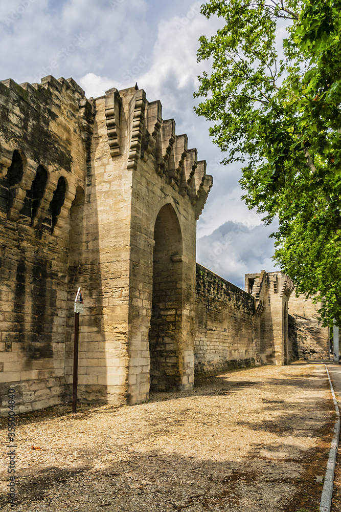City Walls - ramparts of ancient fortresses that were built between 1359 and 1370 that are still intact. The walls were constructed to keep invaders out during Middle Ages. Avignon, Provence, France.