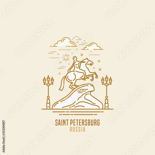 Bronze Horseman or copper horseman - famous landmark of Saint-Petersburg, Russia.An equestrian statue of Peter the Great - a Tzar of Russia . City sight vector icon in simple thin line art style