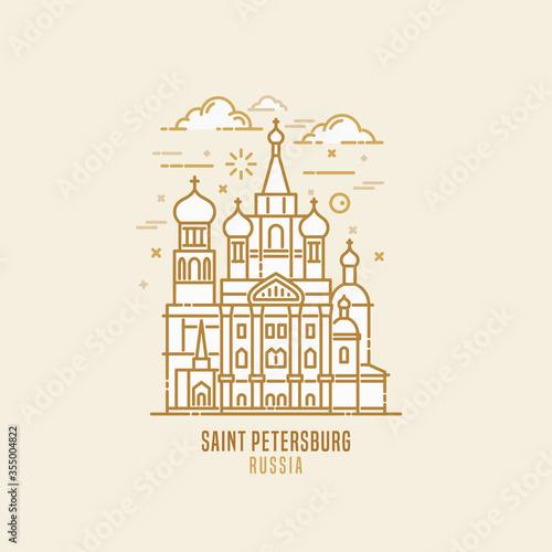 Church of the Savior on Blood - one of the main sights of Saint Petersburg, Russia. Cathedral of the Resurrection of Christ Russian orthodox church. City sight vector in simple thin line art style