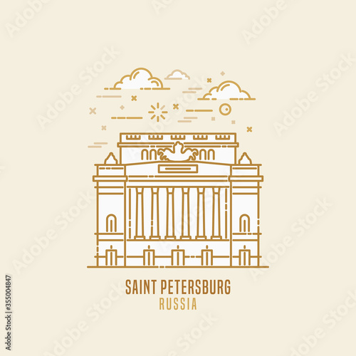 Alexadrinsky theatre - famous landmark of Saint-Petersburg, Russia. Classic building in Empire style. City sight vector icon in simple thin line art style