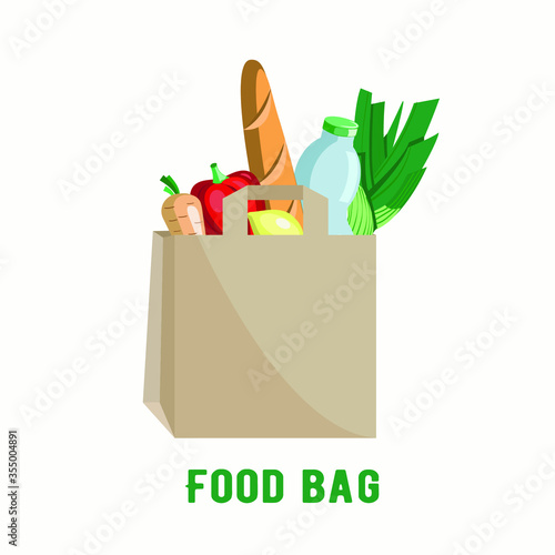 Food delivery.  Paper  bag with food, vegetables and fruits. Vector illustration photo