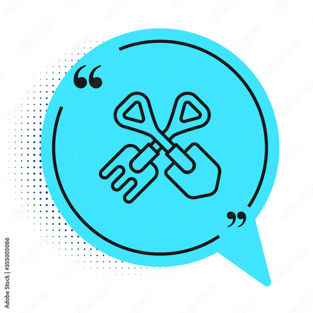 Black line Shovel and rake icon isolated on white background. Tool for horticulture, agriculture, gardening, farming. Ground cultivator. Blue speech bubble symbol. Vector Illustration Black line Shovel and rake icon isolated on white background. Tool for horticulture, agriculture, gardening, farming. Ground cultivator. Blue speech bubble symbol. Vector Illustration