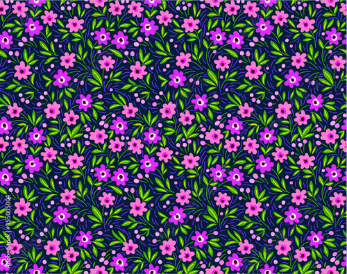 Cute floral pattern in the small flower. Ditsy print. Seamless vector texture. Elegant template for fashion prints. Printing with small purple flowers. Dark blue background.