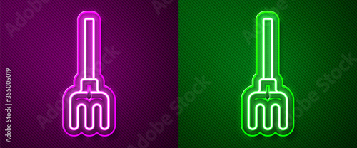 Glowing neon line Garden rake icon isolated on purple and green background. Tool for horticulture, agriculture, farming. Ground cultivator. Vector Illustration