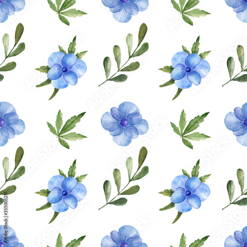 Seamless pattern with watercolor blue anemone and leaves