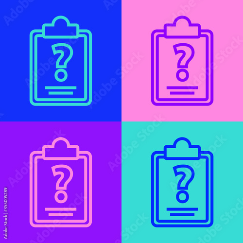 Pop art line Clipboard with question marks icon isolated on color background. Survey, quiz, investigation, customer support questions concepts. Vector Illustration