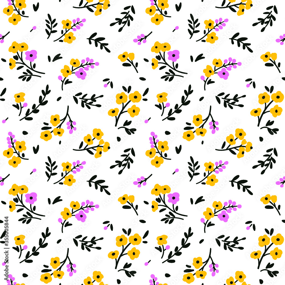Floral pattern. Pretty flowers on white background. Printing with small yellow flowers. Ditsy print. Seamless vector texture. Spring bouquet.
