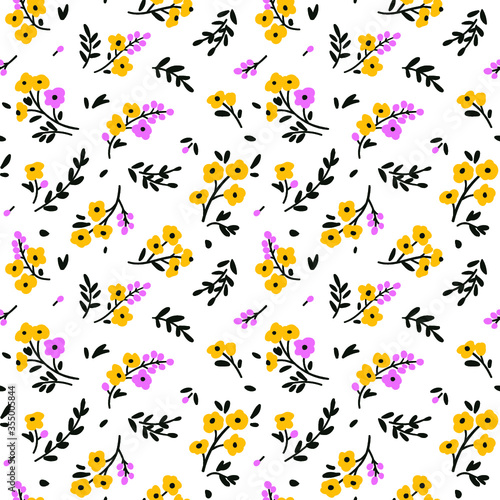 Floral pattern. Pretty flowers on white background. Printing with small yellow flowers. Ditsy print. Seamless vector texture. Spring bouquet.