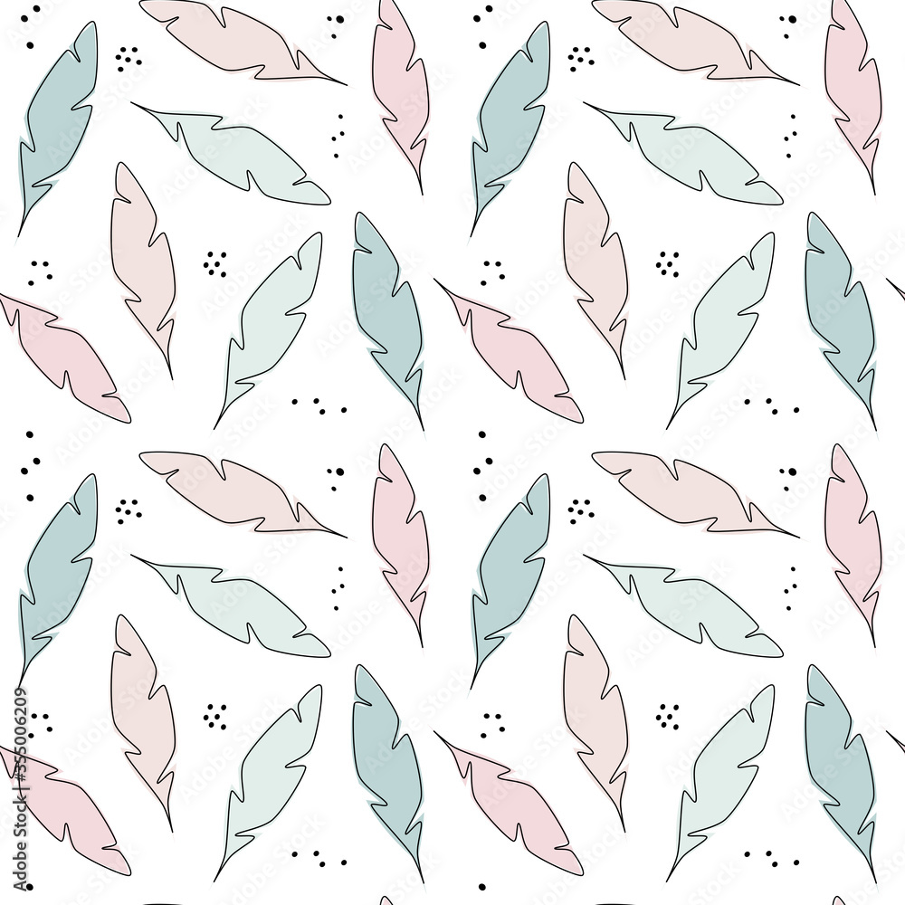 Cute trendy pastel abstract hand drawn seamless vector pattern background illustration with feathers modern design for paper, cover, fabric and interior decor 