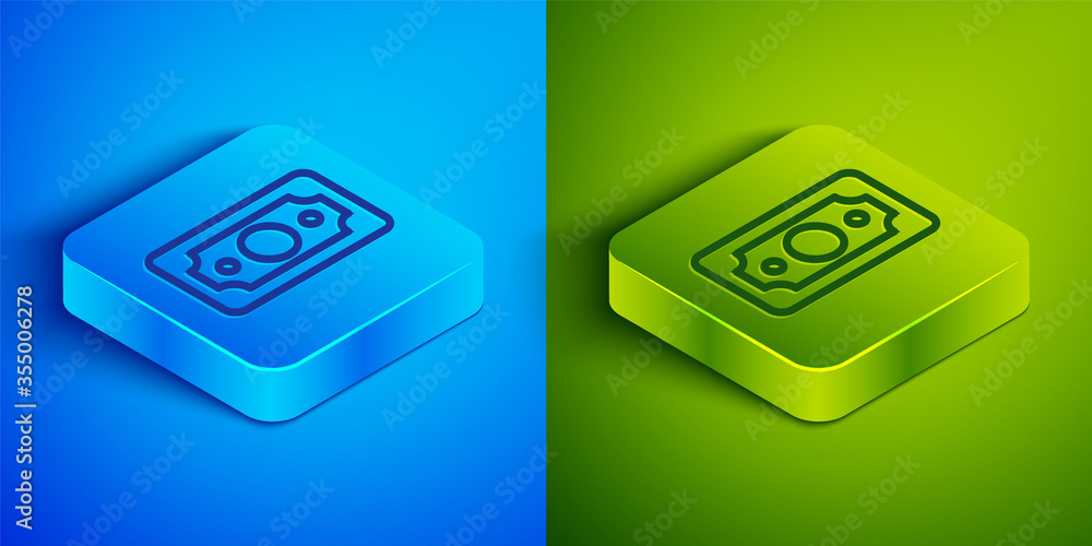 Isometric line Stacks paper money cash icon isolated on blue and green background. Money banknotes stacks. Bill currency. Square button. Vector Illustration Isometric line Stacks paper money cash icon isolated on blue and green background. Money banknotes stacks. Bill currency. Square button. Vector Illustration