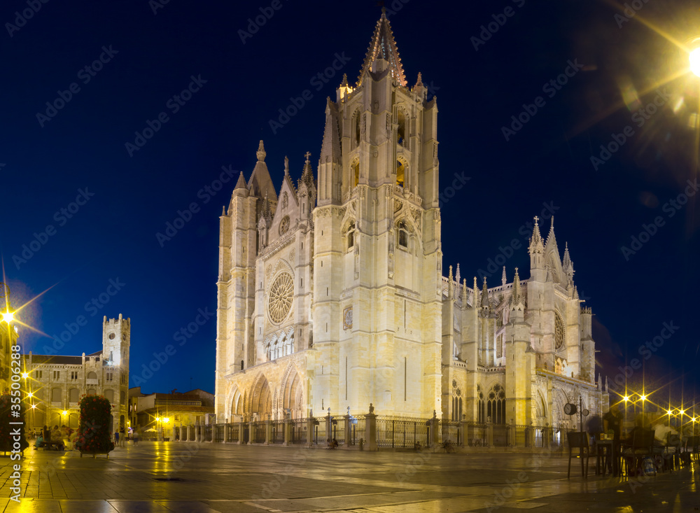 Leon Cathedral in Spain at night