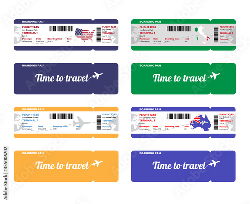 Set of vector airline boarding pass. Vector template or mock up isolated on white background. Front and back side tickets. Travel banner.