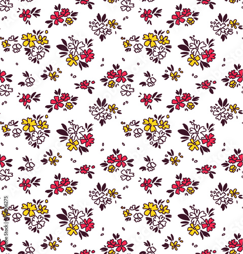 Floral pattern. Pretty flowers on white background. Printing with small red and yellow flowers. Ditsy print. Seamless vector texture. Spring bouquet.