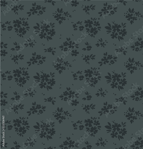 Vintage floral background. Seamless vector pattern for design and fashion prints. Flowers pattern with small monochrome flowers on a gray background. Ditsy style. 