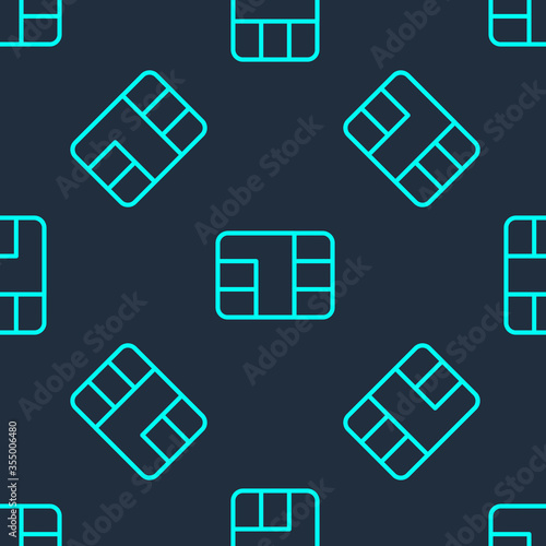 Green line Credit card with chip icon isolated seamless pattern on blue background. Contactless payment. Vector Illustration