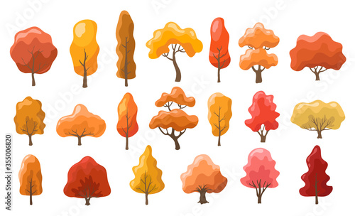 set of cartoon autumn trees on white. colorful orange, red, pink and brown trees. vector illustration