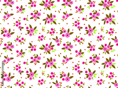 Cute floral pattern in the small flower. Ditsy print. Motifs scattered random. Seamless vector texture. Elegant template for fashion prints. Printing with small pink flowers. White background.
