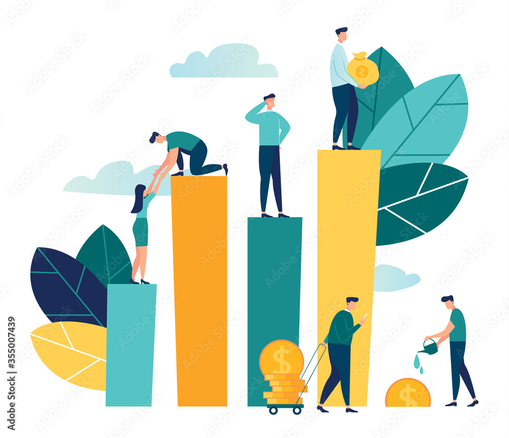 Vector creative illustration of business graphics, the company is engaged in the joint construction of column graphs, career growth to success, flat color icons, business analysis, cash profit Vector creative illustration of business graphics, the company is engaged in the joint construction of column graphs, career growth to success, flat color icons, business analysis, cash profit