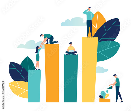 Vector creative illustration of business graphics, the company is engaged in the joint construction of column graphs, the rise of the career to success, flat color icons, business analysis 