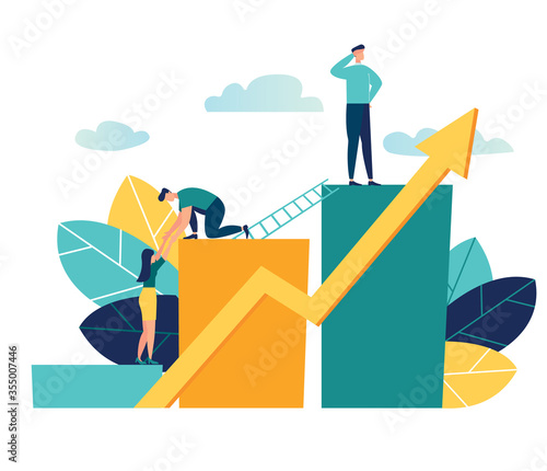vector illustration a group of people characters are thinking over an idea. prepare a business project start up. rise of the career to success, flat color icons, business analysis 