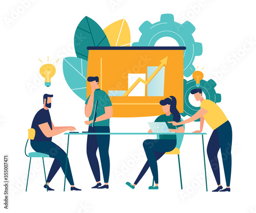 Vector illustration. Training of office staff. Increase sales and skills. Team thinking and brainstorming. Analytics of company information. 