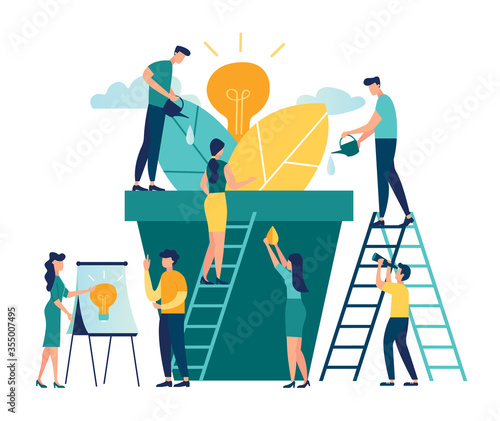 vector illustration. people grow potted plants, a metaphor for the birth of a creative idea. business concept analysis. graphic design idea of project activity