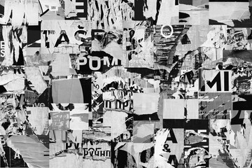 Torn street advertisement posters collage background texture creased crumpled ripped paper backdrop surface placard