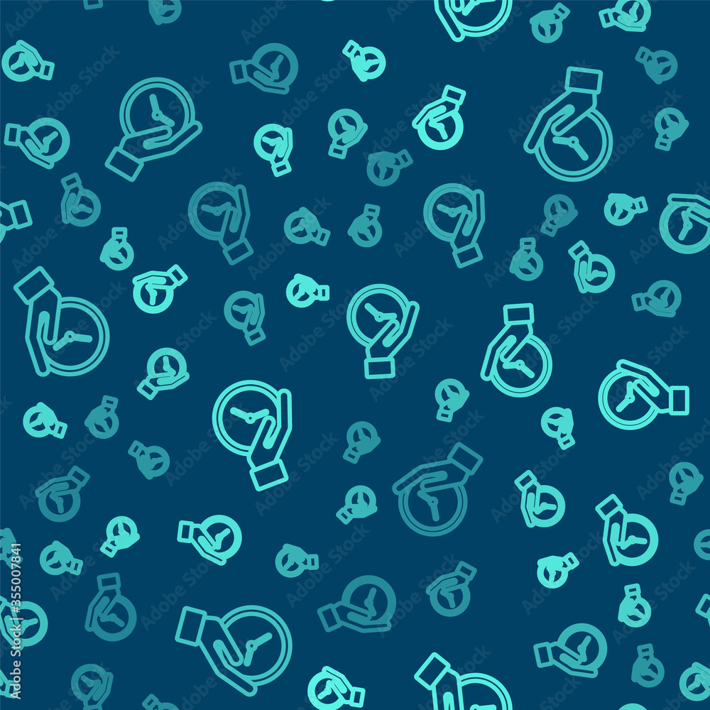 Green line Clock icon isolated seamless pattern on blue background. Time symbol. Vector Illustration Green line Clock icon isolated seamless pattern on blue background. Time symbol. Vector Illustration