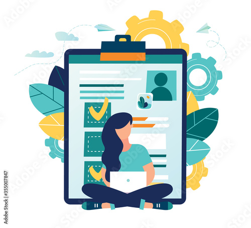 vector illustration design concept on white background. metaphor for candidates for vacancies, review of summaries. small people are studying the application form