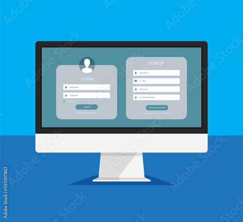 Registration form and login form page on a monitor display. Vector template for your design. Website ui concept. Computer mockup.	