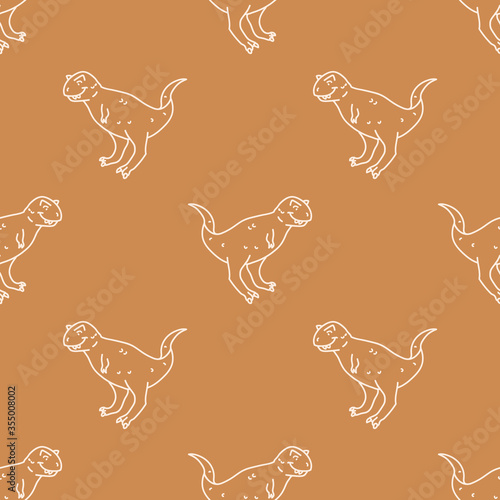 Seamless background Carnotaurus dinosaur gender neutral baby pattern. Simple whimsical minimal earthy 2 tone color. Kids nursery wallpaper or boho cartoon animal fashion all over print.