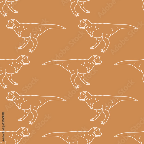 Seamless background Carnotaurus dinosaur gender neutral baby pattern. Simple whimsical earthy 2 tone color. Kids nursery wallpaper or boho cartoon animal fashion all over print.