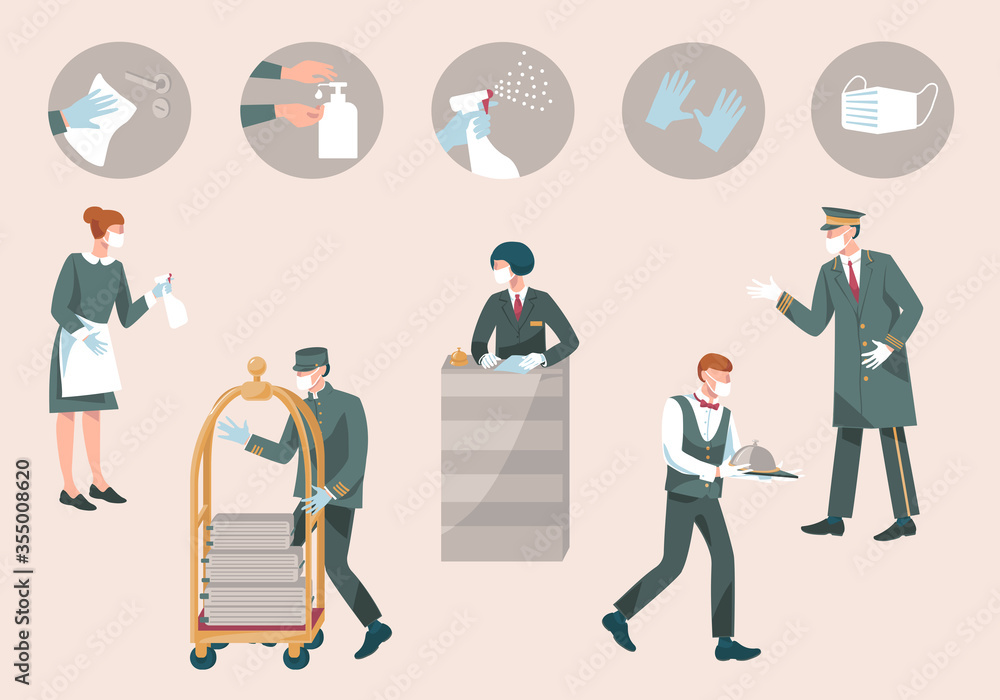 Hotel staff with mask and gloves-receptionist, valet, waiter, doorman, maid. Prevention measures during coronavirus COVID 19-disinfect, wear mask, use sanitiser, gloves.New Normal.Vector Hotel staff with mask and gloves-receptionist, valet, waiter, doorman, maid. Prevention measures during coronavirus COVID 19-disinfect, wear mask, use sanitiser, gloves.New Normal.Vector