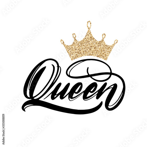 Trendy lettering Queen with gold crown image for print