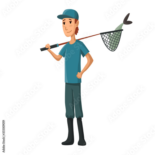 Young man with fish net in his hand. Boy with fish in fish net. Successful fishing