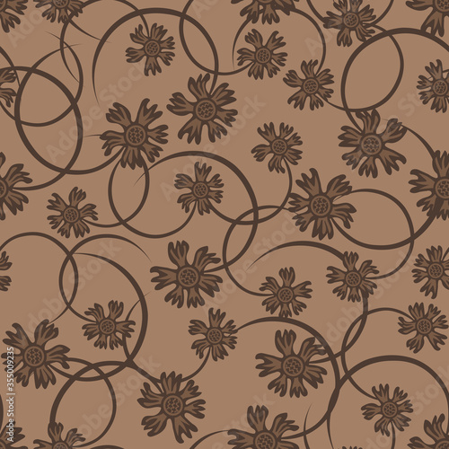 Vector floral seamless pattern. Elegant vintage ornament with small brown flowers on curved branches, twigs. Liberty style millefleurs. Retro abstract background. Repeat design for wallpapers, textile