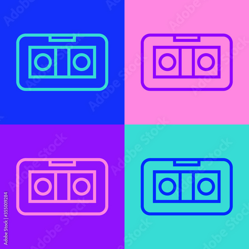 Pop art line VHS video cassette tape icon isolated on color background. Vector Illustration