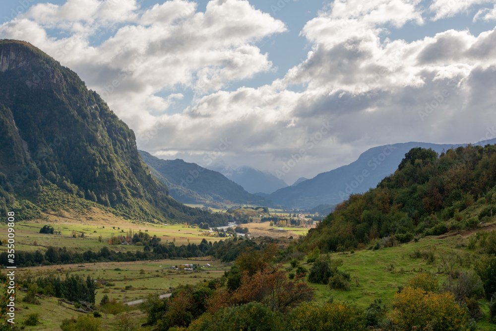 Naklejka premium From this natural viewpoint you can see the scenery close to Villa Manihuales. Villa Manihuales is a small town located at the Carretera Austral in Chile close to Port Aysen City.