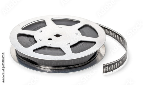 Film reel with filmstrip isolated on white background.