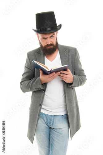 Artistic person. Talented artist. Bearded man read book isolated on white. Poetry reading. Inspirational book. Literature teacher. Books shop. Interesting story. Guy classic outfit read book