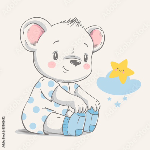 Hand drawn vector illustration of a cute baby bear in blue socks.