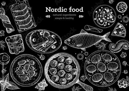 Scandinavian cuisine sketch collection. Hand drawn vector illustration. Food menu design template, engraved elements. Scandinavian food set. Smorgasbord illustration