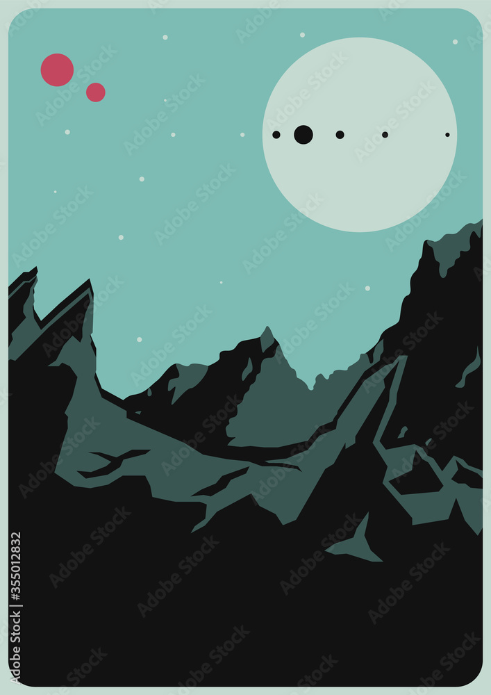 Distant Planet Landscape Illustration Mid Century Modern Style Extraterrestrial Outdoor Poster 