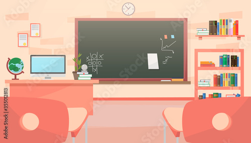 Back to school. New Classroom school in vector flat style. A modern school classroom with a blackboard, desks, a teacher's desk and a bookshelf.